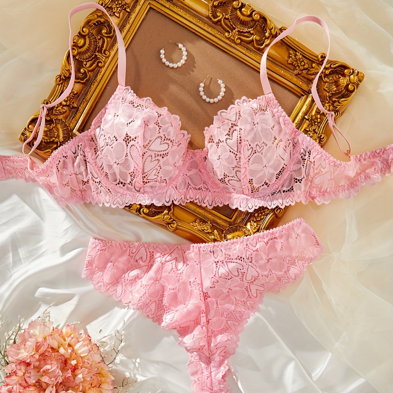 Women's Lingerie Set Satin Lace Bra and Panty Pack of 2