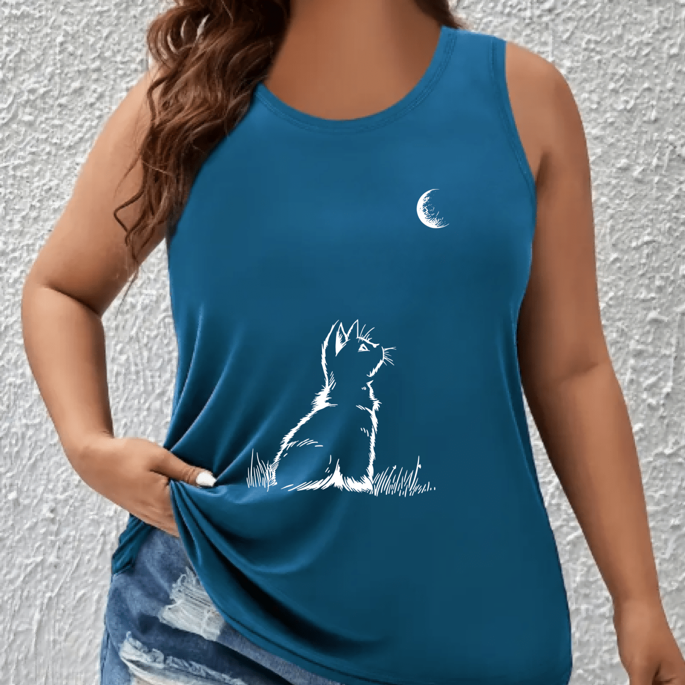 Women's Plus Size Sleeveless Tank Top with Cartoon Cat and Moon Print