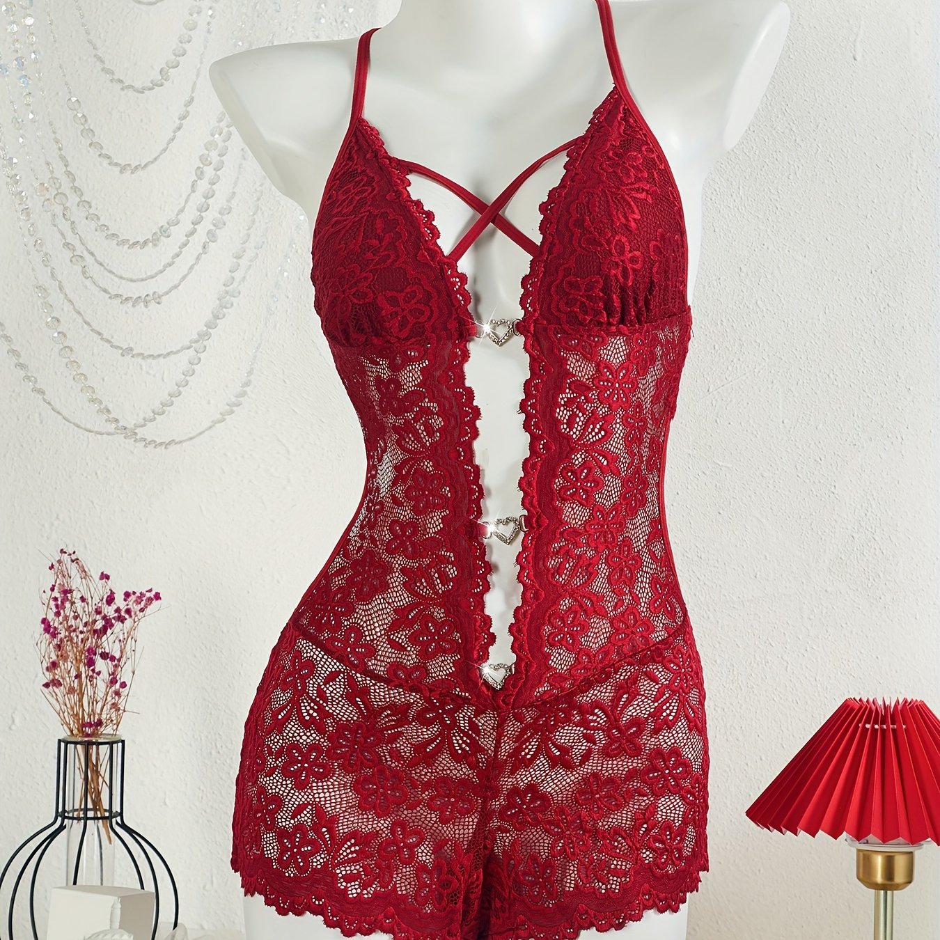 Women's Lace Teddy and Heart Ring Bodysuit Sexy Lingerie