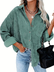 Ayollar uchun korduroy kofta uzun sleeve, kundalik, tugma bilan yopiladigan bluz