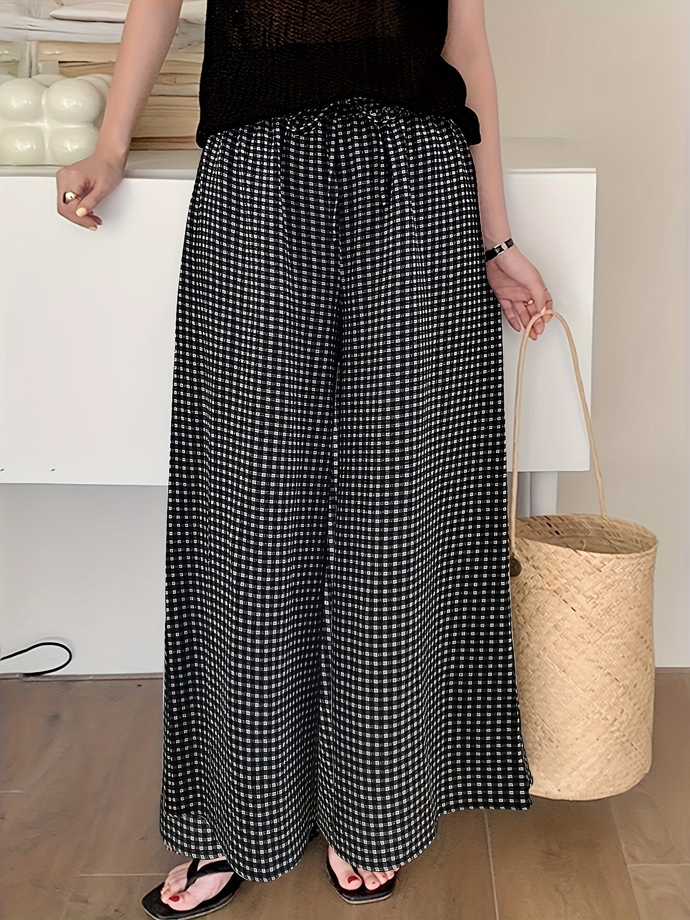 Women's Plaid Wide Leg Pants with Drawstring Waist for Spring and Summer