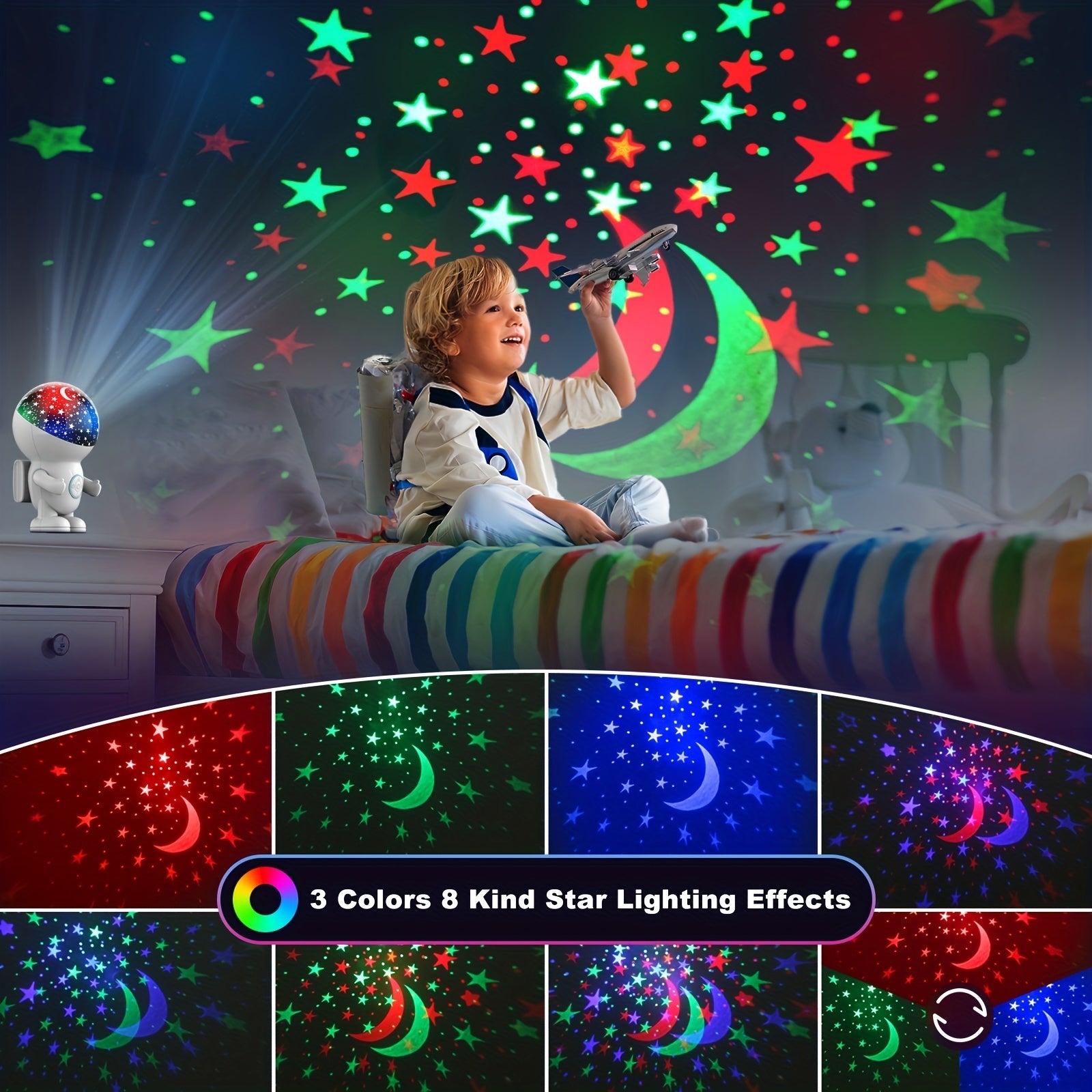 Bolalar kosmonavt yulduz proyektori kechqurun chiroqi ko'p rangli LED avtomatik o'chirish plastik