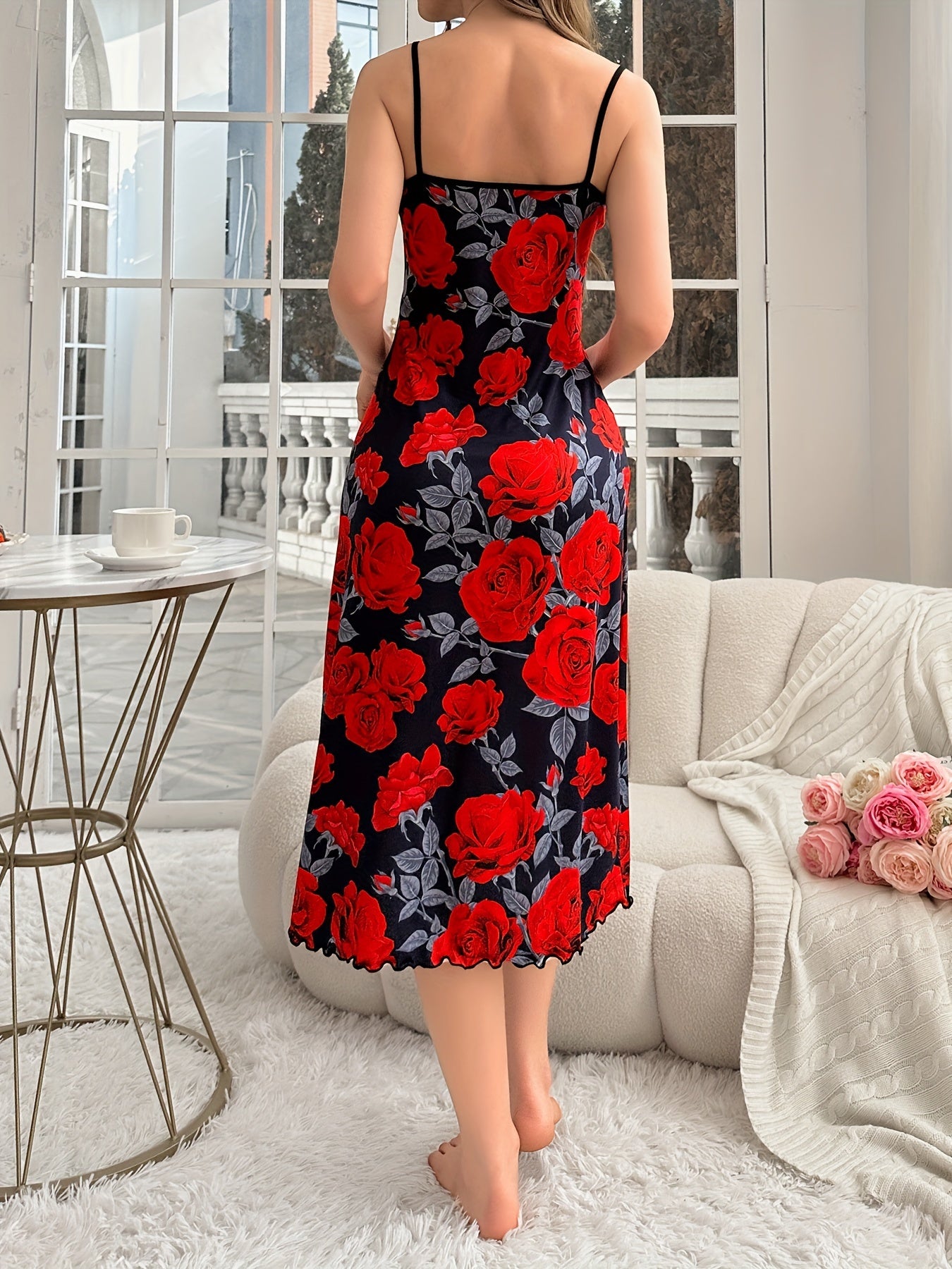 Women's Rose Print Nightdress with Lettuce Trim and Backless Midi Design