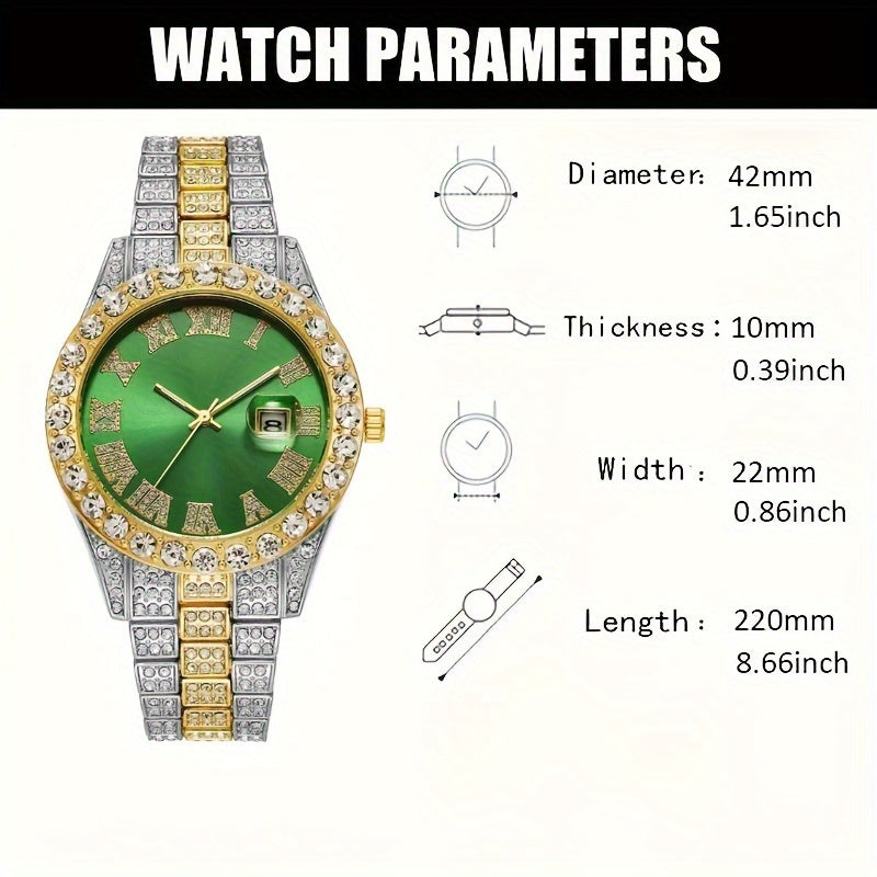 Men's Fashion Rhinestone Calendar Watch with Leather Strap