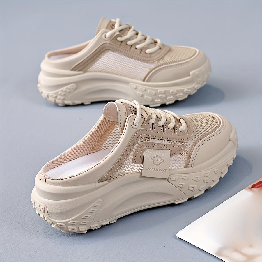 Women's Mesh Casual Sneakers Low-Top Lace-Up Walking Shoes Khaki