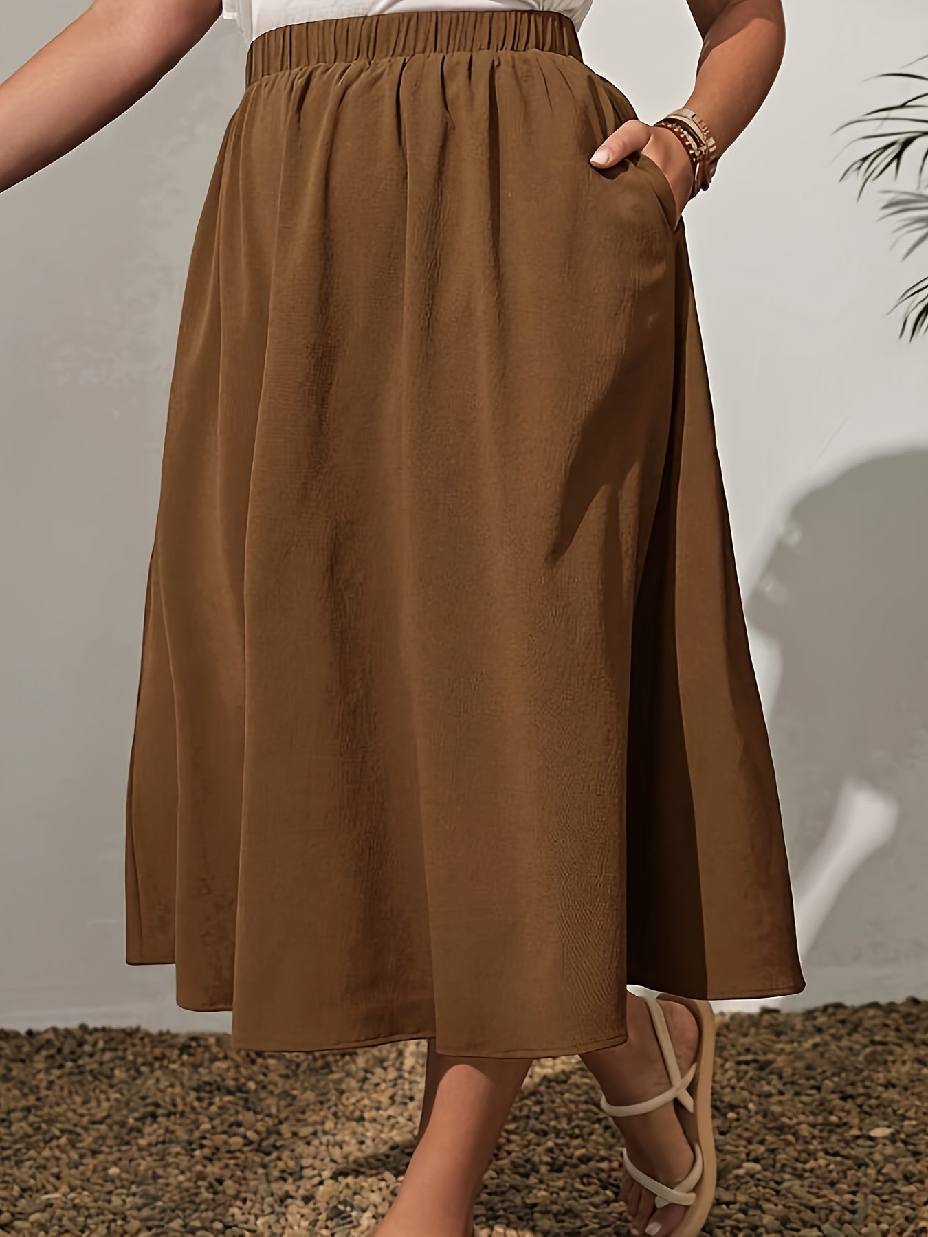 Women's Elastic Waist Skirt Black Midi Casual Office Wear