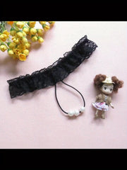 Black Lace Thong with Faux Pearl Accents for Seduction Lingerie