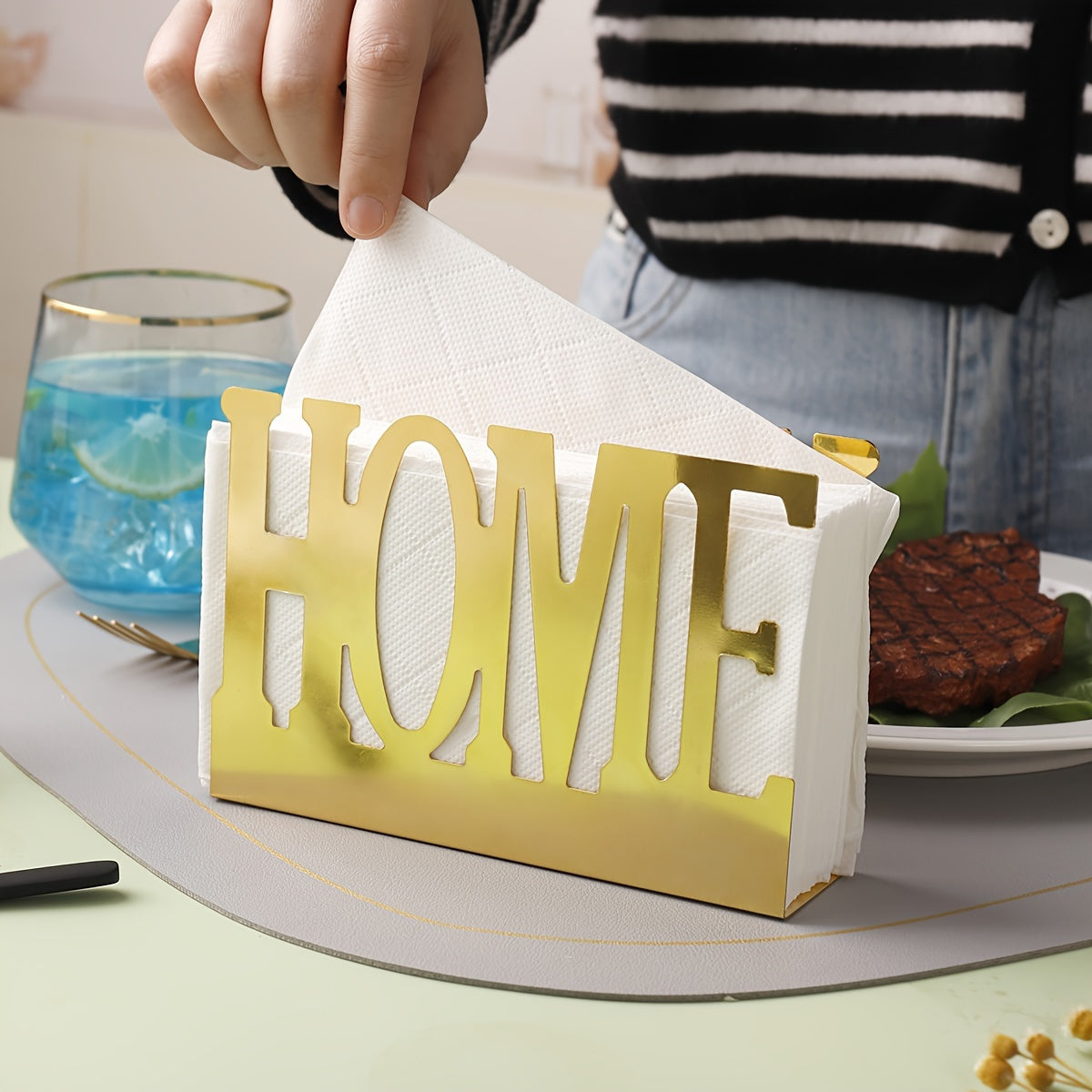 Square Metal Tissue Storage Rack with Fork and Spoon Holder for Dining Table