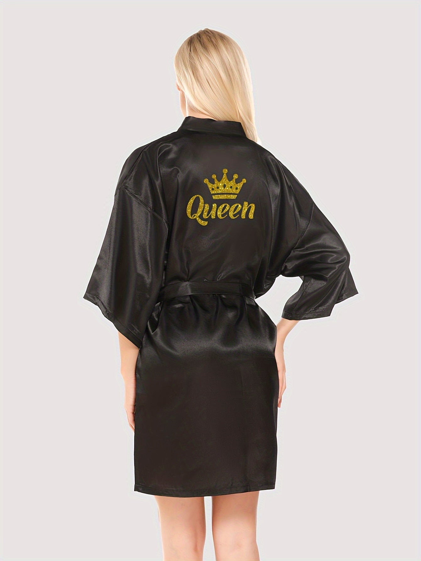 Women's Night Robe with Queen Letter Pattern V-Neck 3/4 Sleeves Belt Polyester