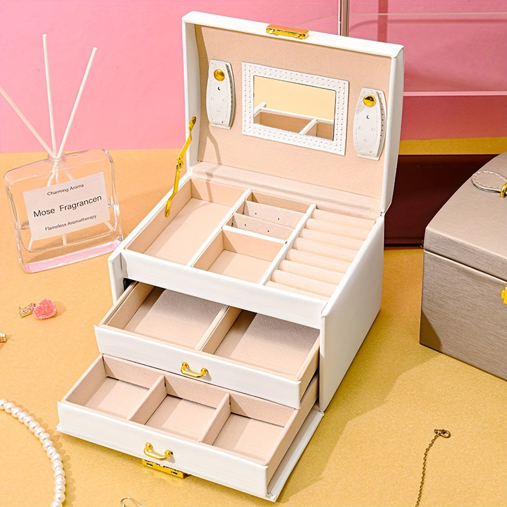 Faux Leather Jewelry Organizer with Lock for Rings Earrings Bracelets Watches Storage Gift