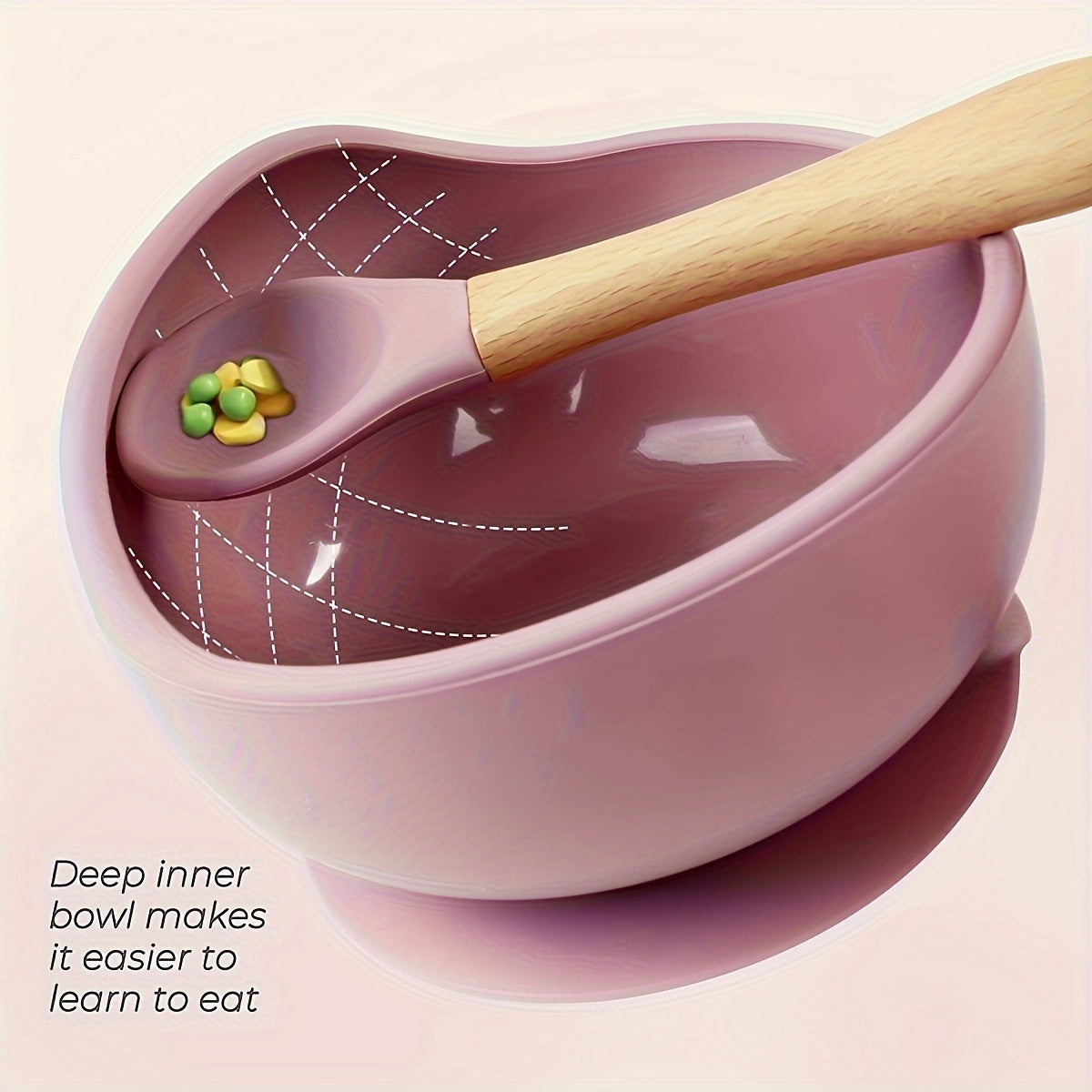 Baby Feeding Set Silicone Bowl Fork Spoon Non-Slip Microwave Safe Wooden Handle 3 Pieces