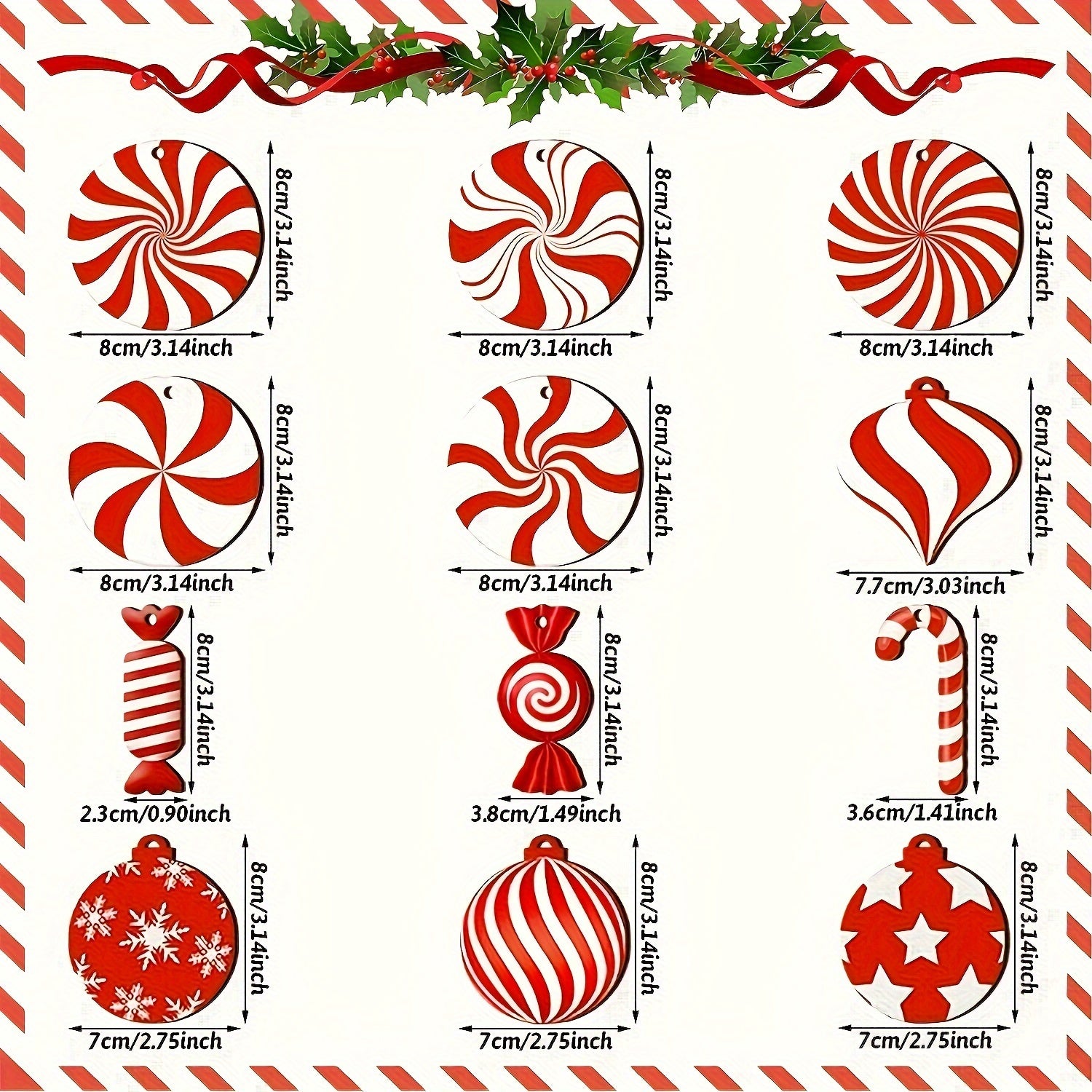 Wooden Christmas Candy Ornaments for Tree Decoration Set of 24