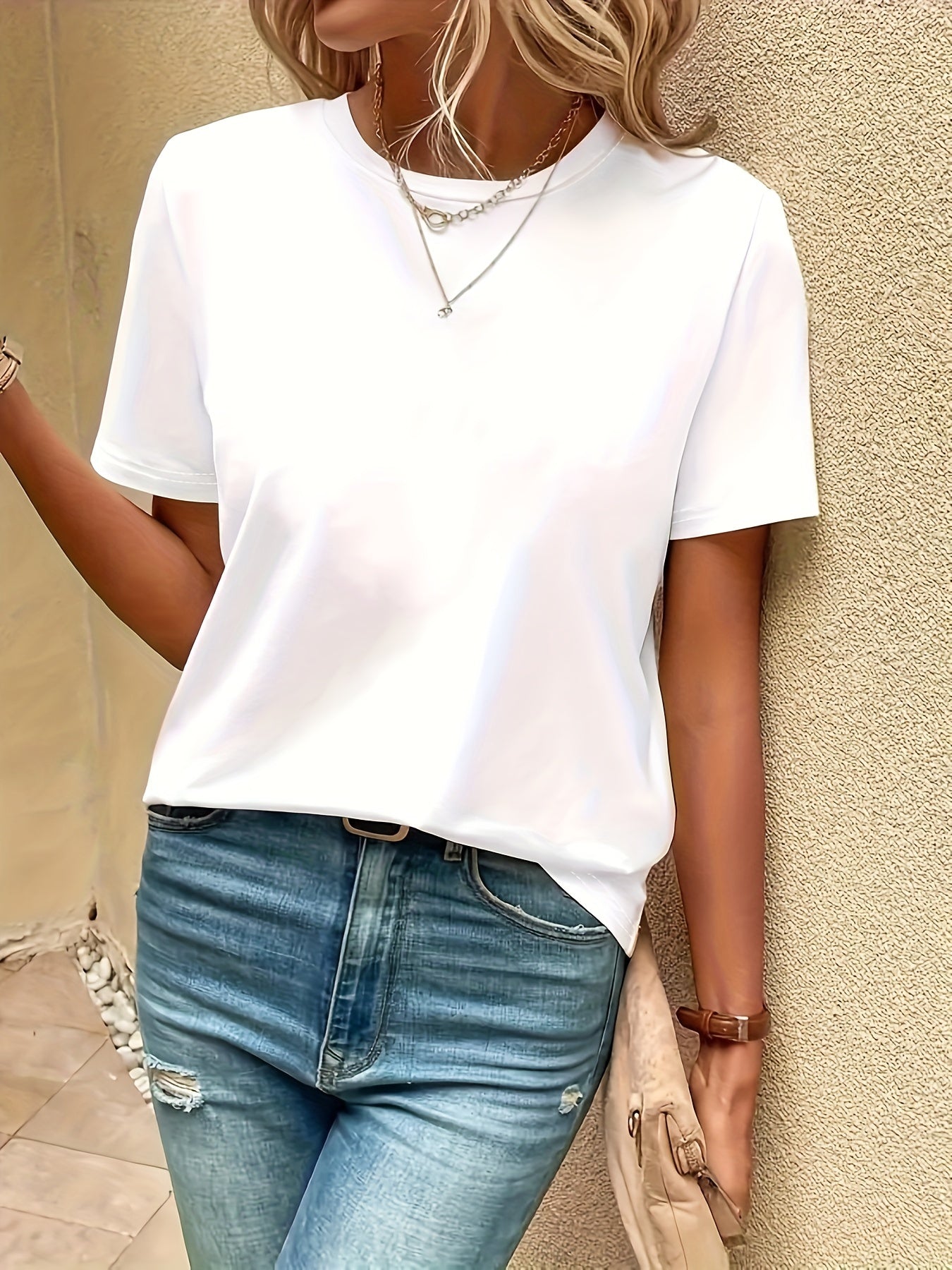 Women's Solid Color Crew Neck T-Shirt for Summer Casual Wear