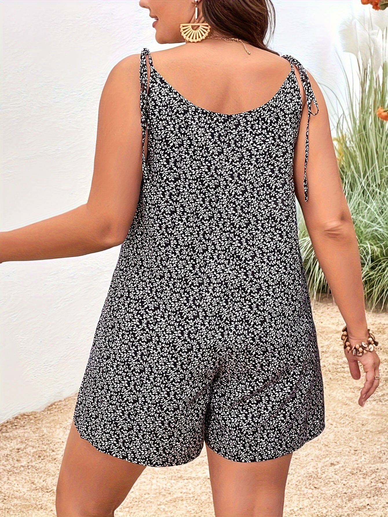 Plus Size Plant Print Cami Jumpsuit Vacation Lace Up Sleeveless Romper