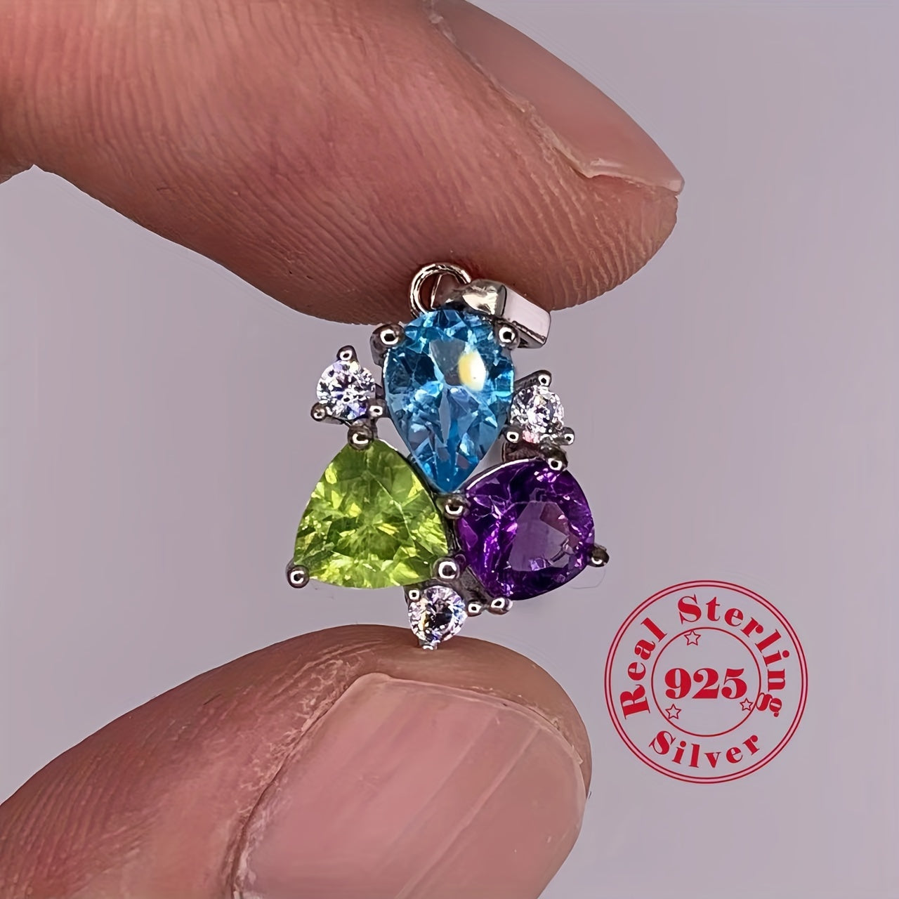 Sterling Silver Tri-Color Gemstone Necklace with Topaz Peridot Amethyst Birthstone Jewelry for Women