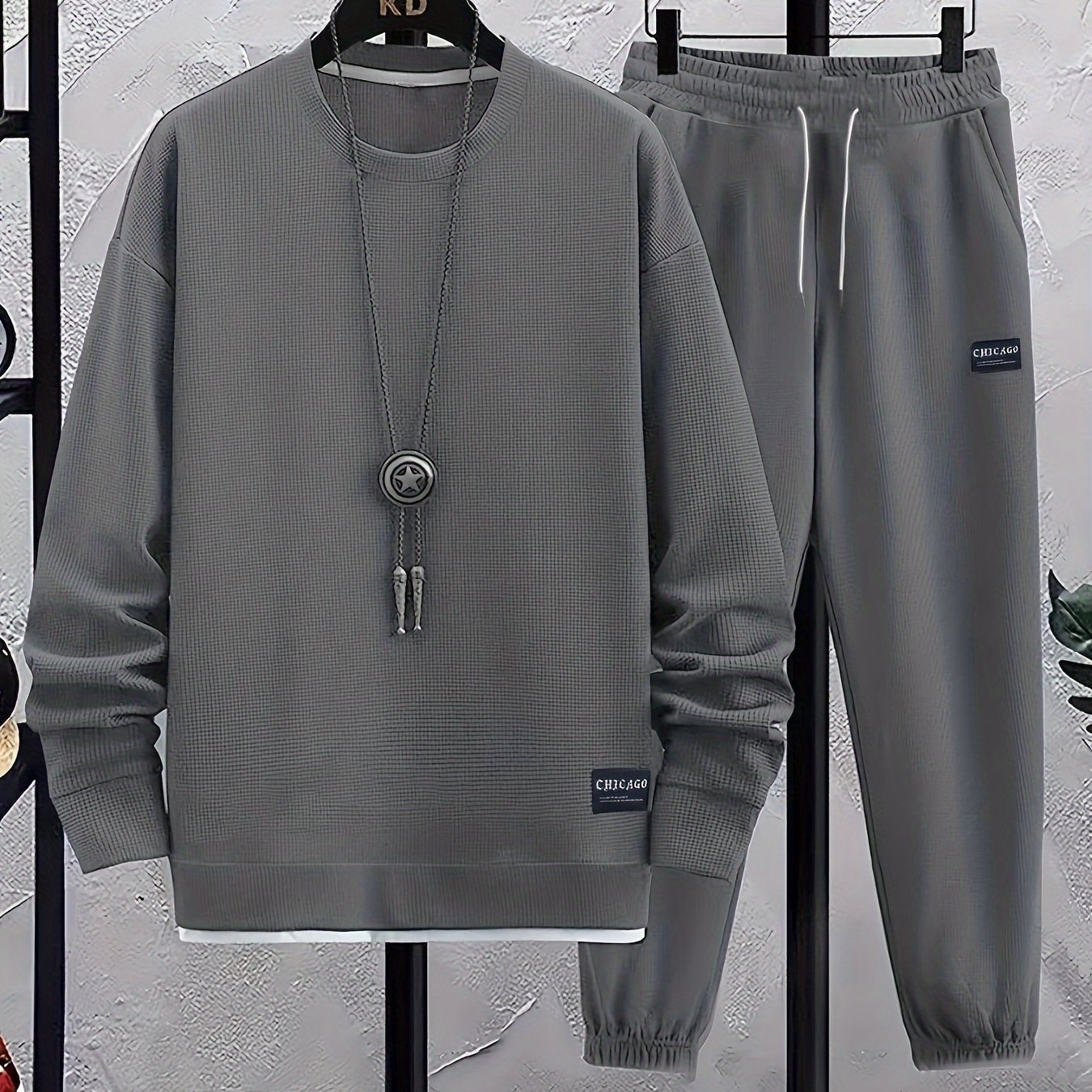 Men's Gray Waffle Knit Sweatsuit Set with Kindergarten Patch Matching Joggers Crew Neck Elastic Waist and Ankle Cuffs