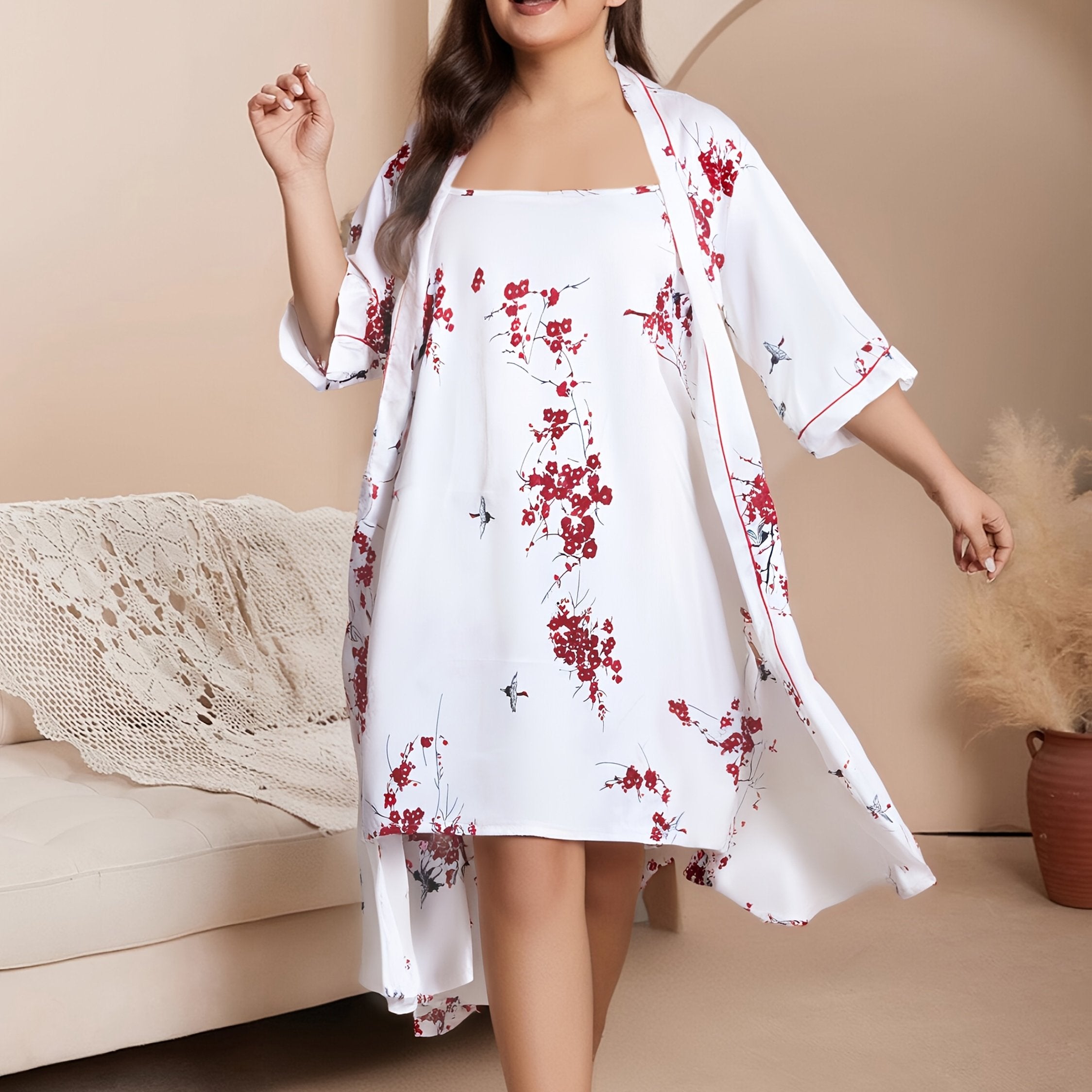 Plus Size Satin Leopard Print Pajama Set with Robe and Cami Dress