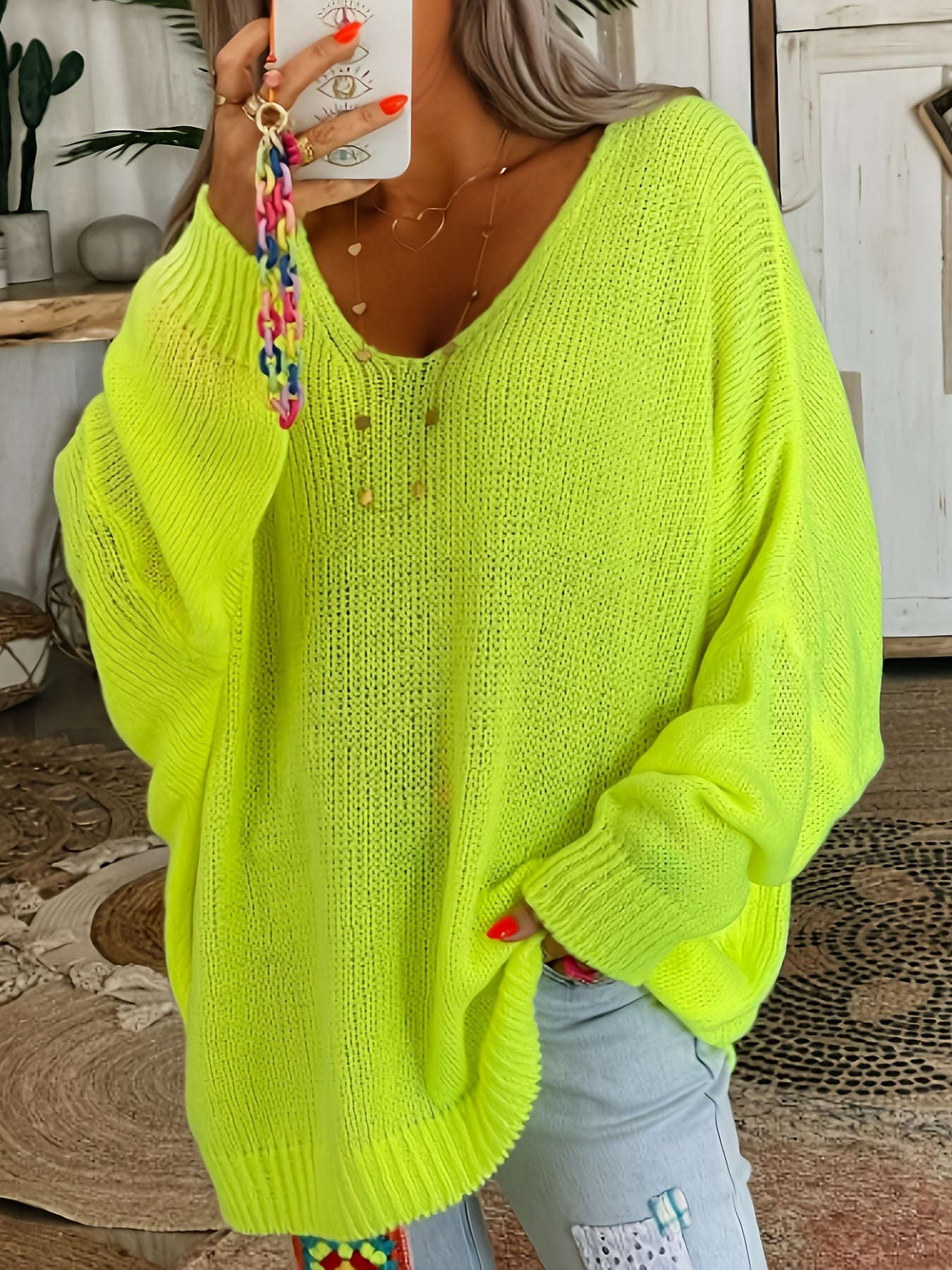 Plus Size Women's V-Neck Sweater Soft Warm Knit Bright Yellow Fall Winter