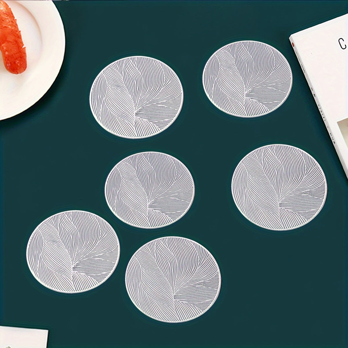 6 PVC Round Leaf Pattern Place Mats Heat Resistant Non-Slip for Dining and Events