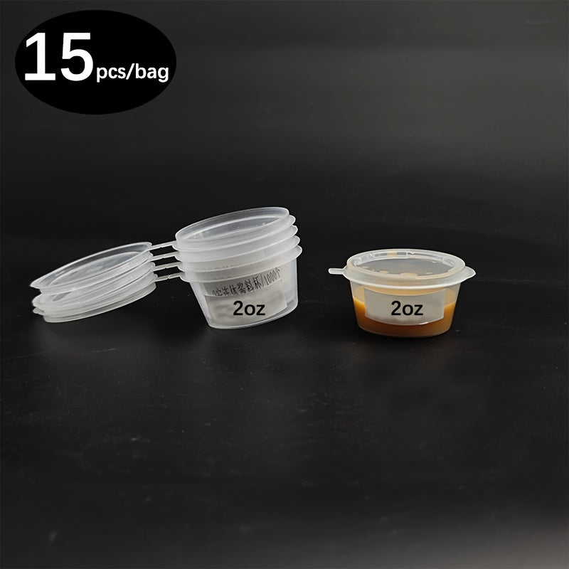 15 ta qopqog'li, 2 oz, BPA-siz, bir martalik plastmassa stakanlar to'plami, souslar, salatlar va bayramlar uchun