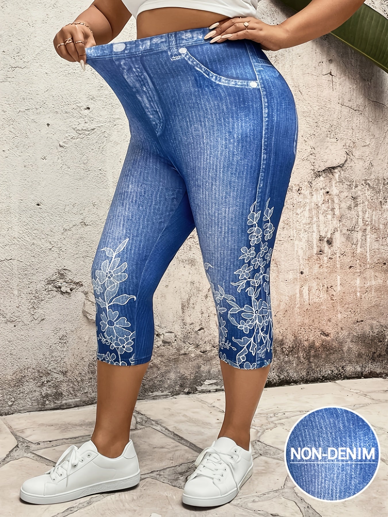 Plus Size Women's Denim Look Capri Pants with Elastic Waist Floral Print