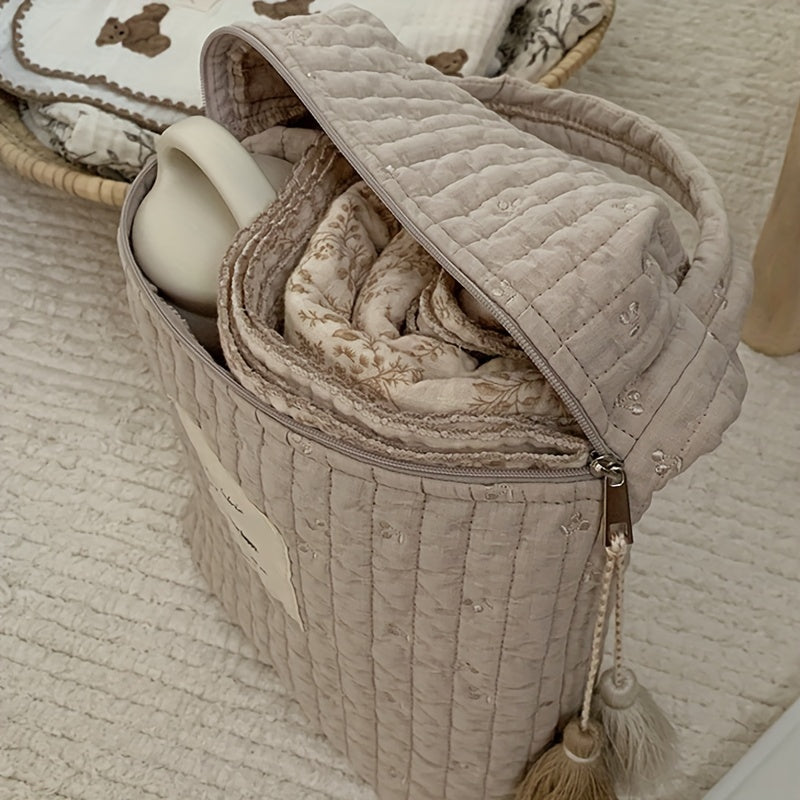 Khaki Embroidered Diaper Bag with Zipper for On-the-Go Stroller Hanging Cotton Handbag