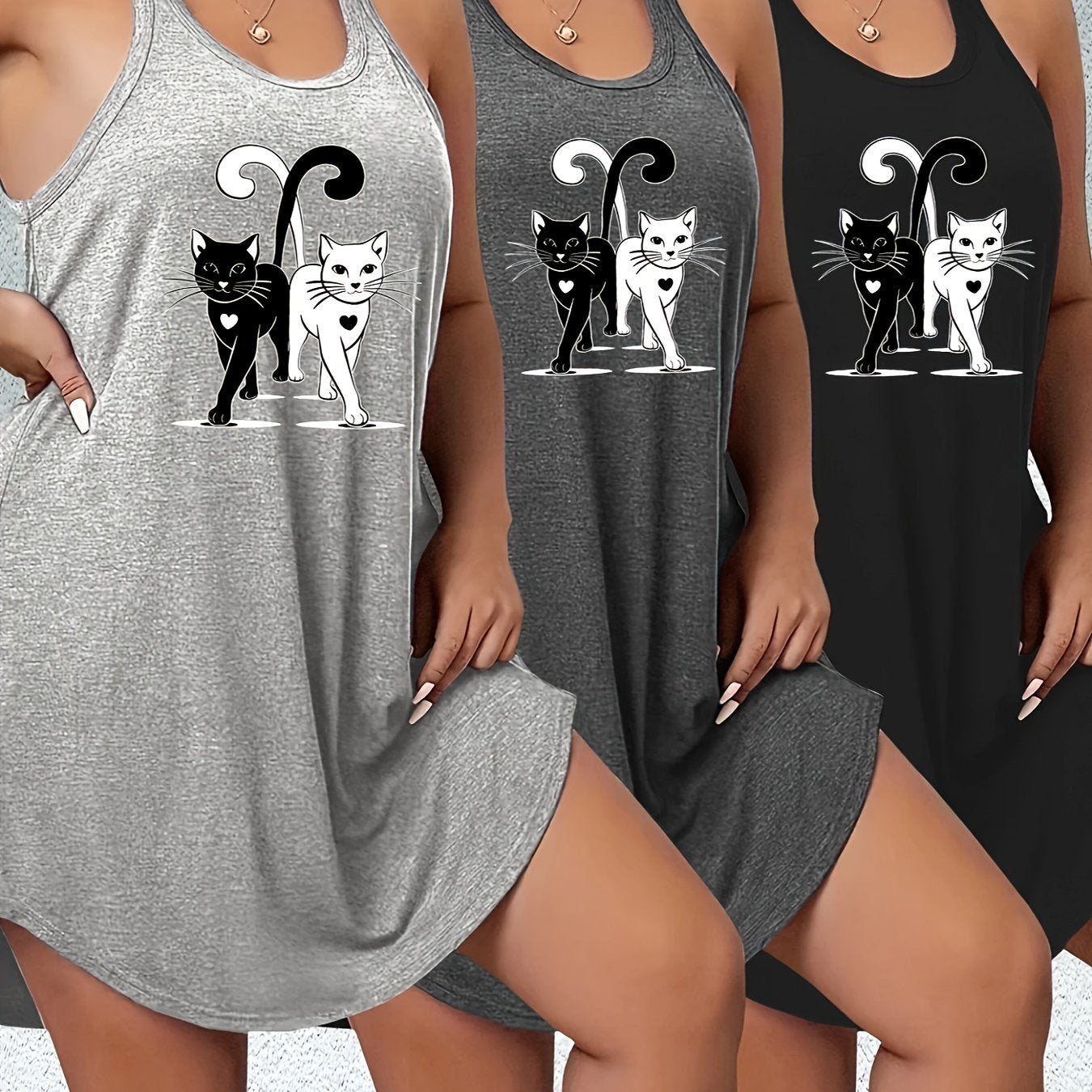 Ayollar uchun katta o'lchamdagi mushuk bosimli tank top va yubka to'plami, polyester, kundalik yozgi kiyim