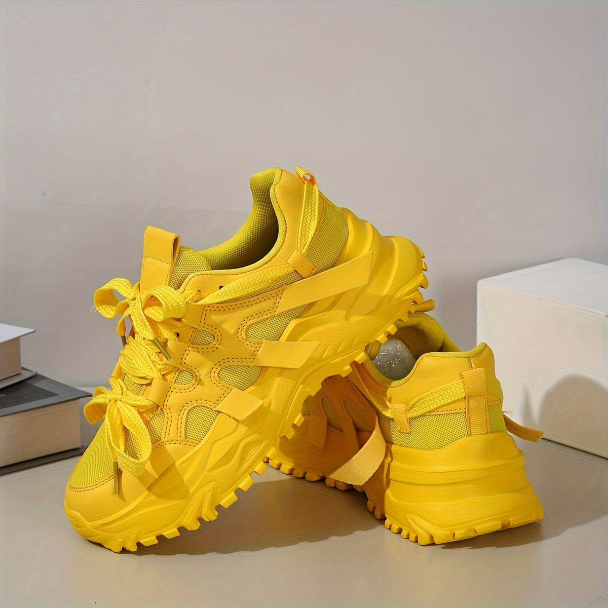 Ladies Casual Chunky Sneakers Bright Yellow Wide Lace-Up Athletic Shoes