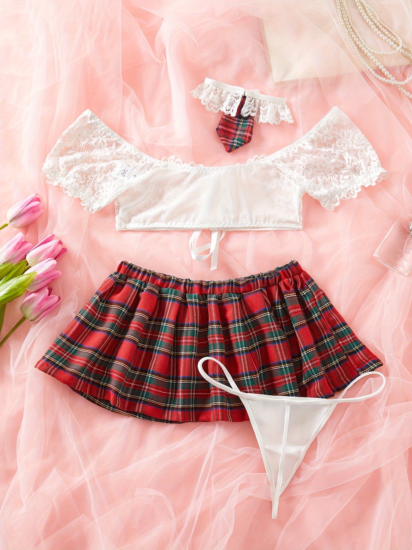 Women's Lace Lingerie Set with Plaid Skirt 4-Piece