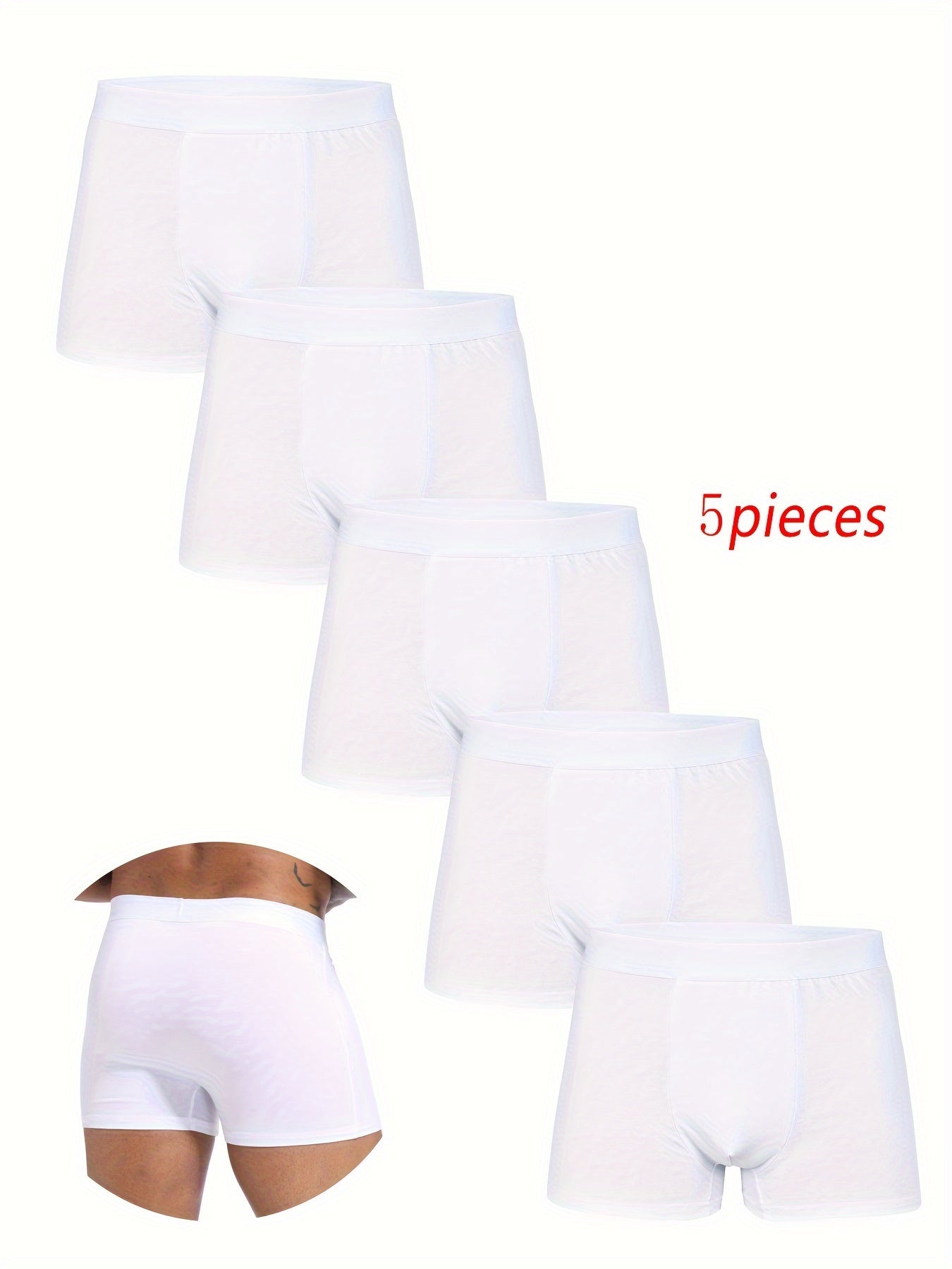 Men's White Boxer Shorts 5 Pack Polyester Blend Elastic Waist Breathable Durable