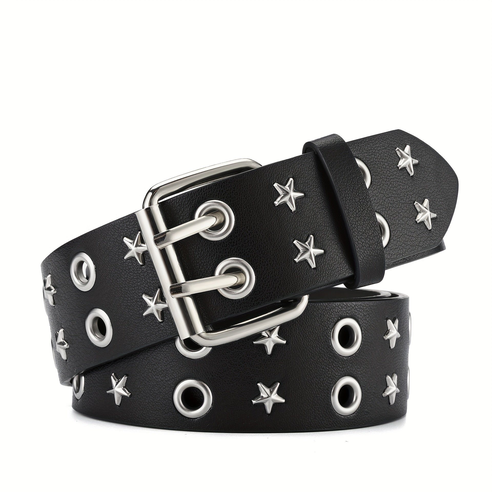 Black Punk Waist Belt with Double Pin Metal Buckle and PU Leather Strap