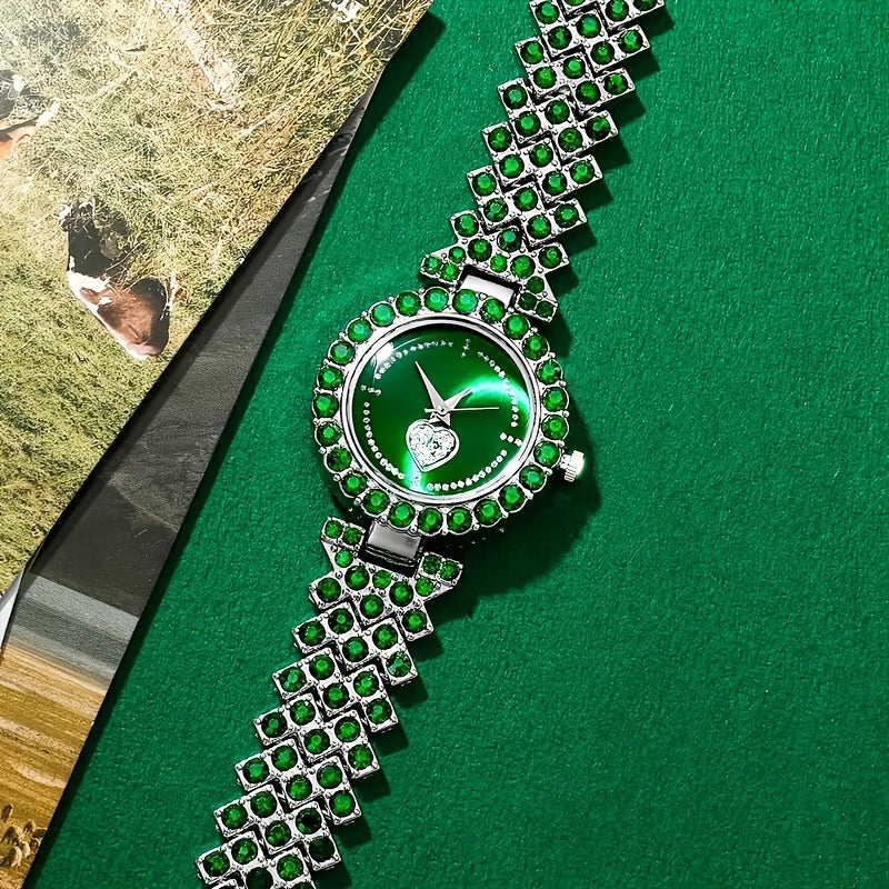 Set of 5 Women's Rhinestone Quartz Watches with Heart Design and Synthetic Gem Jewelry