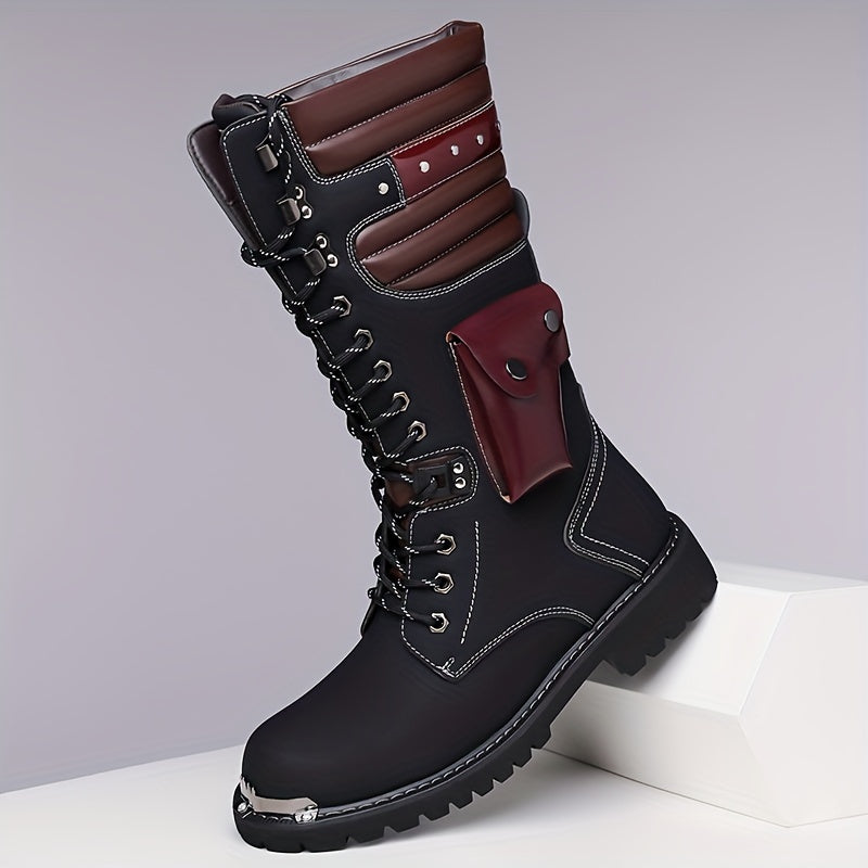 Men's High-Top Leather Motorcycle Boots with Non-Slip Soles for Outdoor and Casual Wear