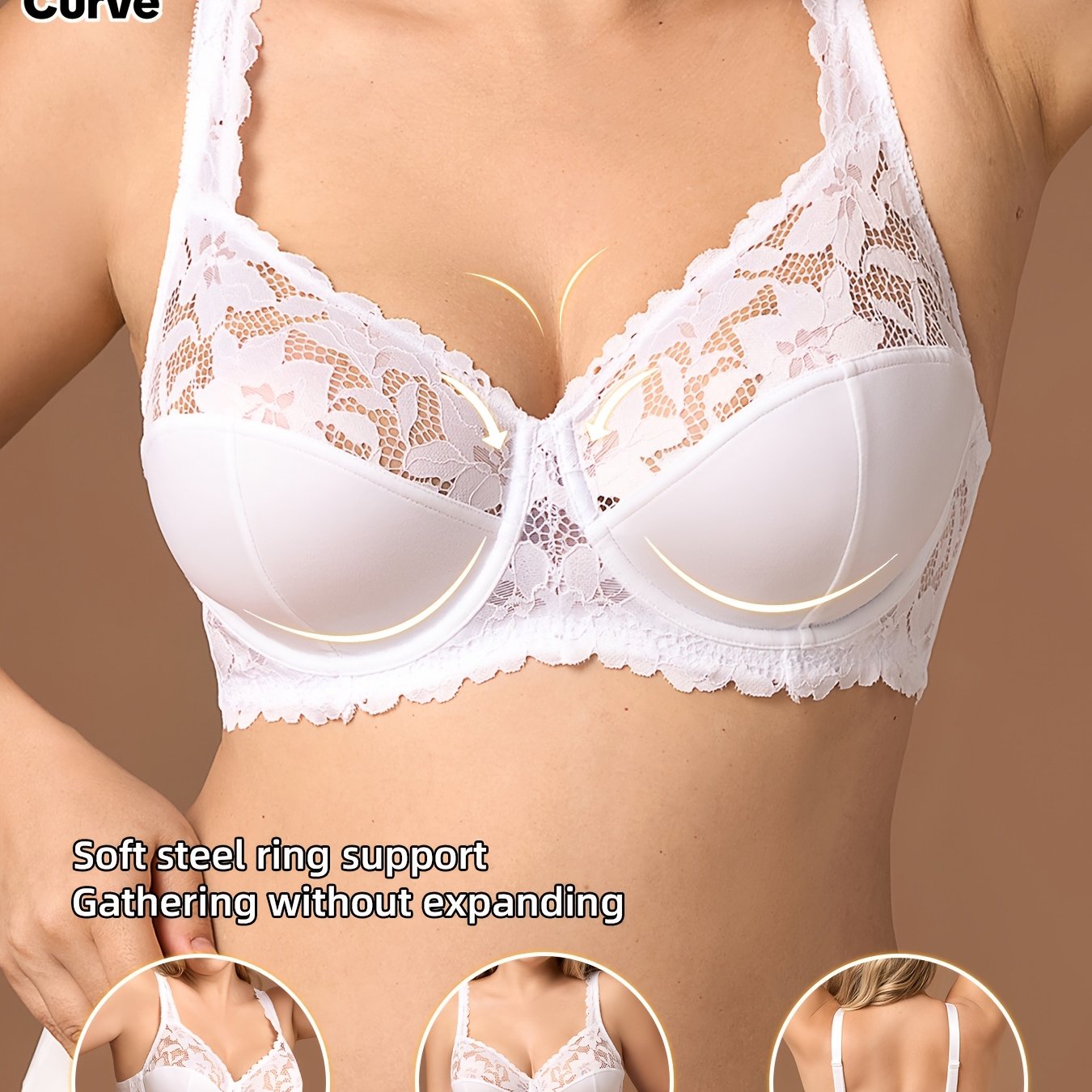 Sujetador bralette de encaje de talla grande sin aros, soporte, punto de estiramiento medio, color sólido