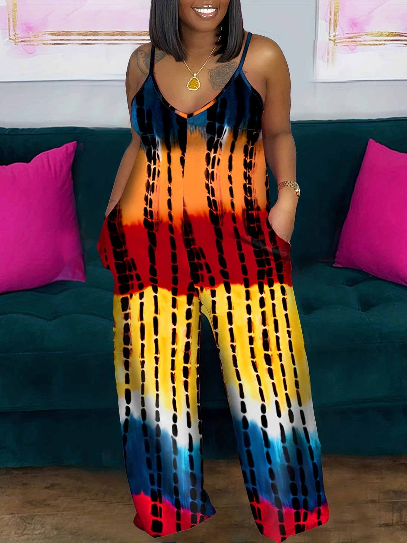 Plus Size Women's Casual V-Neck Tie-Dye Jumpsuit Short Sleeve Summer Outfit