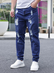 Vaqueros ajustados de talla grande para hombre en azul oscuro con roturas desgastadas, mezclilla elástica para todas las estaciones