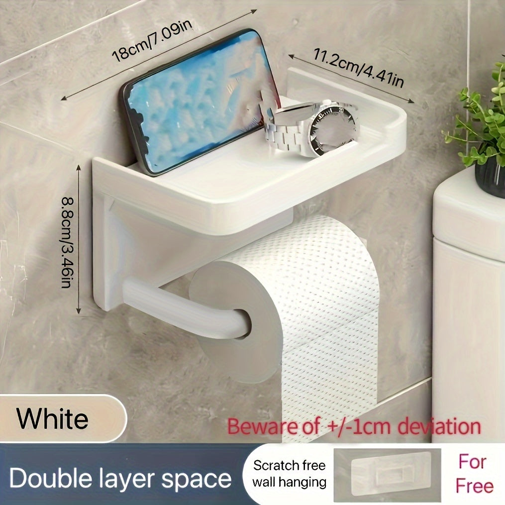 Wall-Mounted Plastic Toilet Paper Holder with Shelf and Phone Stand Self-Adhesive