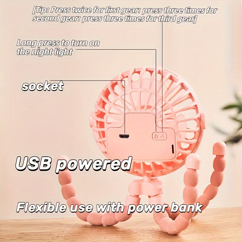 Portable Octopus Fan with Flexible Tripod USB Rechargeable Handheld Electric Fan for Travel Outdoor Use