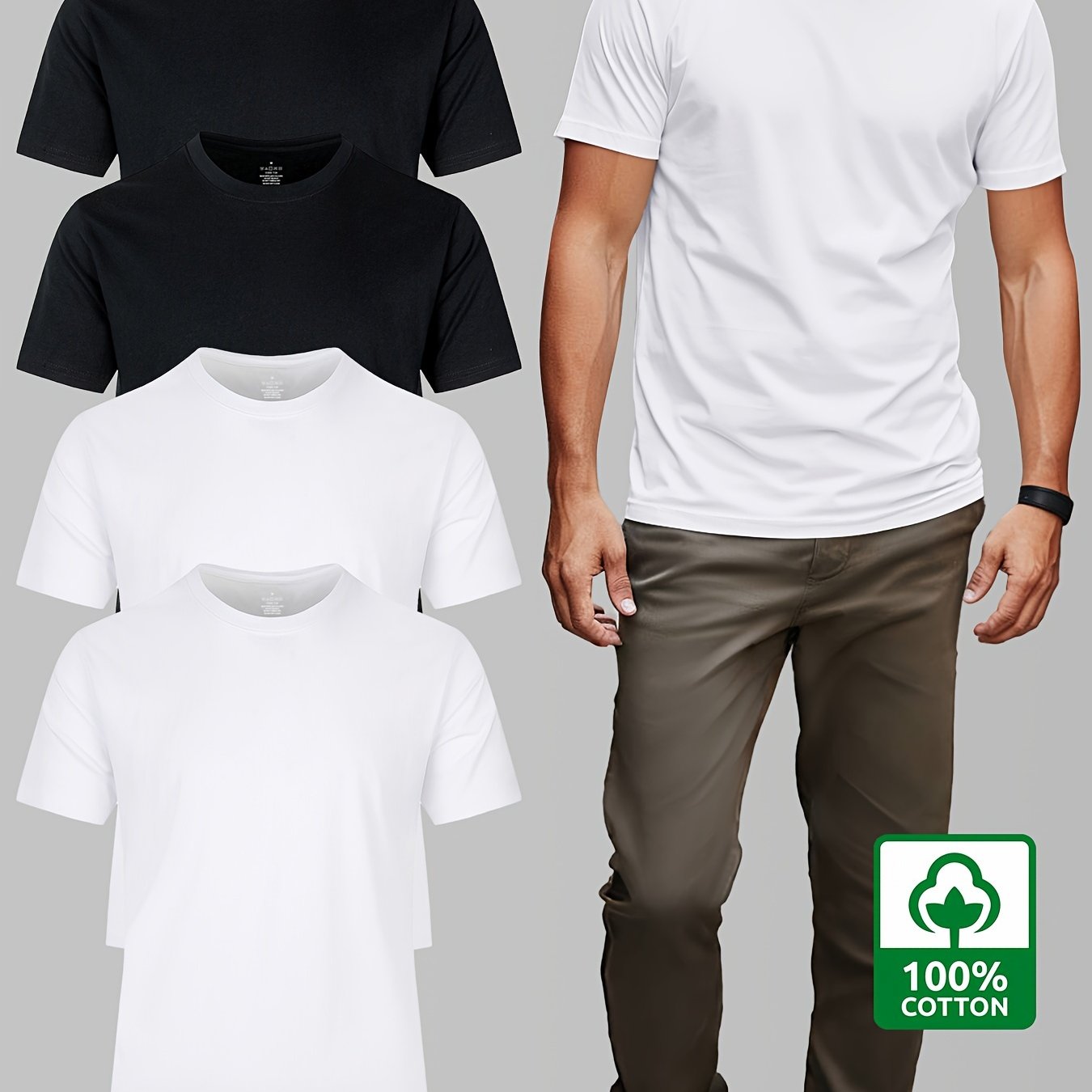 Men's Plus Size Cotton T-Shirt Crew Neck Solid Color Pack of 4 Summer Casual Breathable