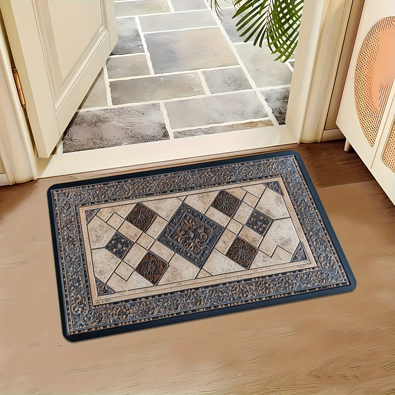 Rectangular Door Mat with Ceramic Tile Pattern Indoor Outdoor Machine Washable Polyester