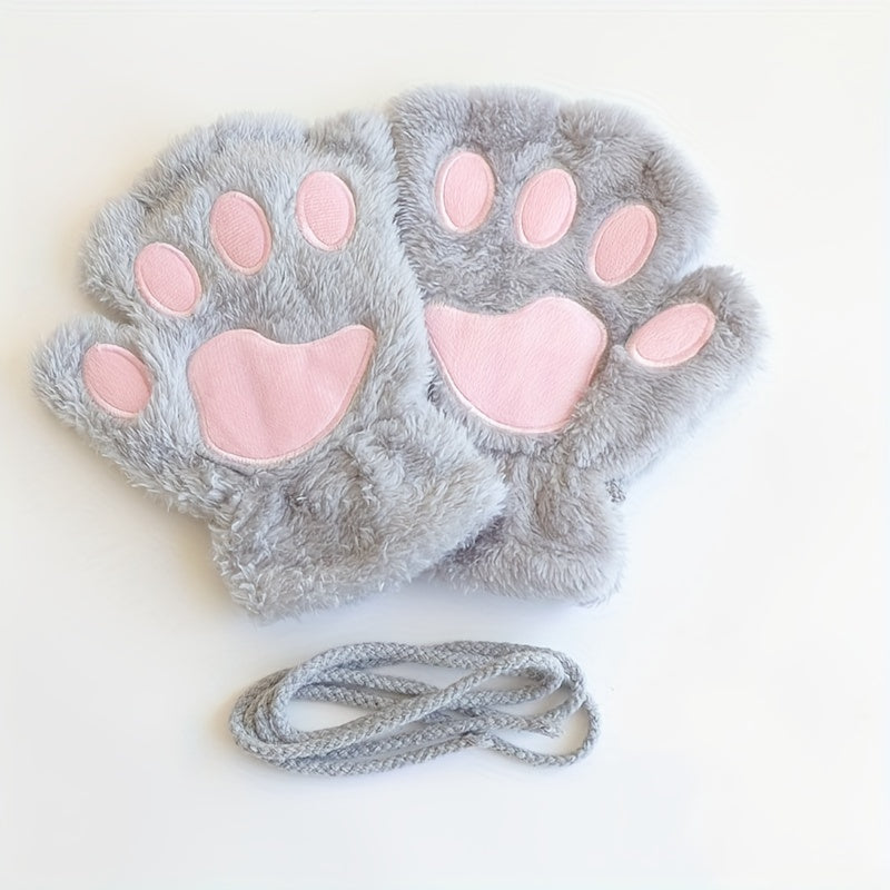 Cozy Cat Paw Fingerless Gloves for Girls Soft Cotton Blend Black Pink Heart Design