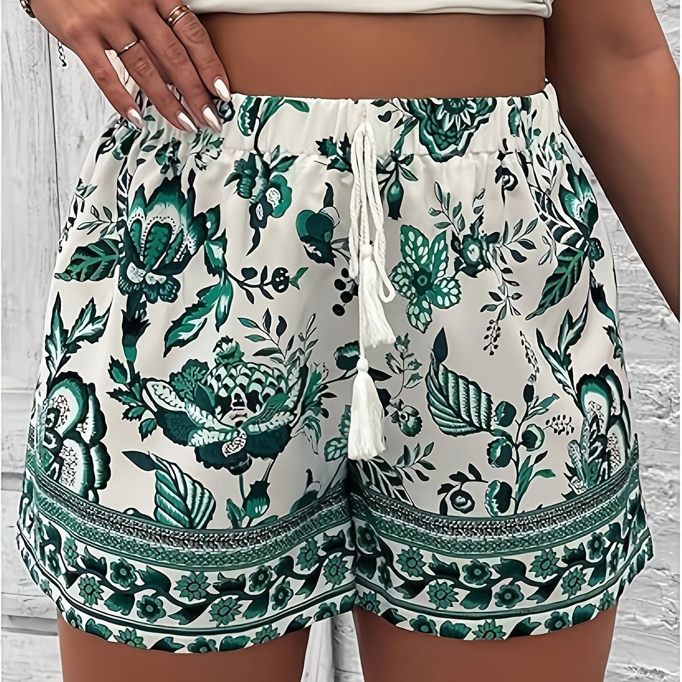 Women's Plus Size Bohemian Floral Print High-Waist Wide-Leg Shorts Blue White Summer