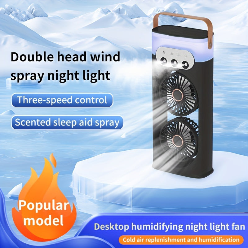Portable Table Fan with Dual USB Fans and Humidifying Mist, Quiet Indoor Outdoor