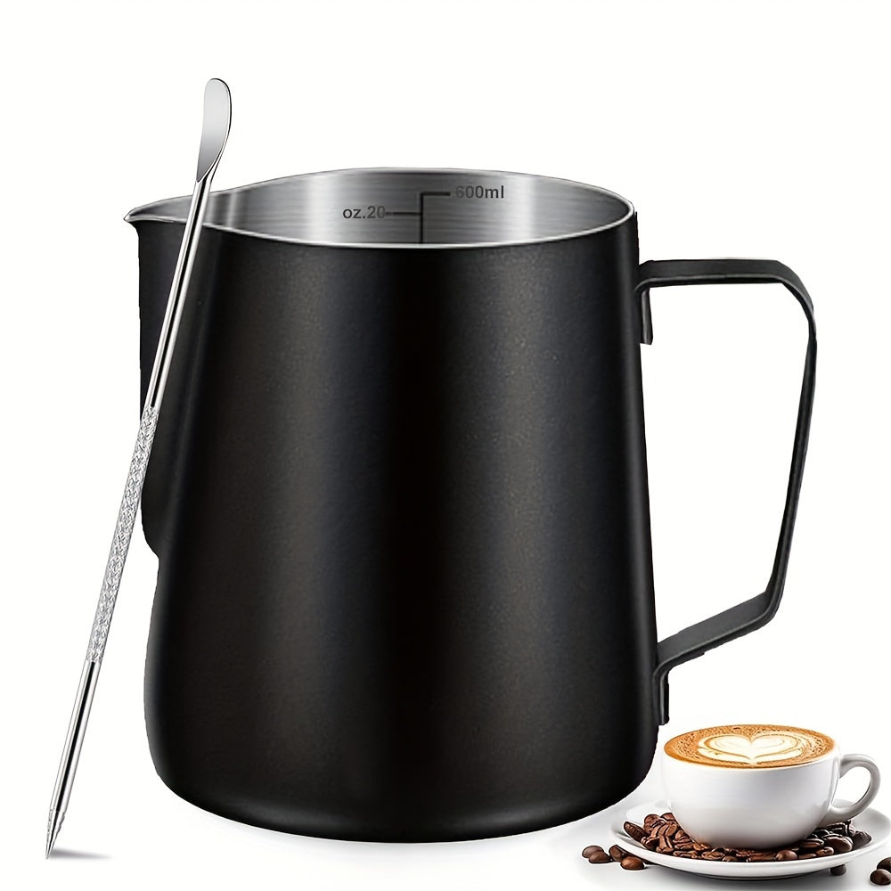 Juego de jarras de acero inoxidable para espumar leche de 12oz y 20oz con medición y pluma decorativa