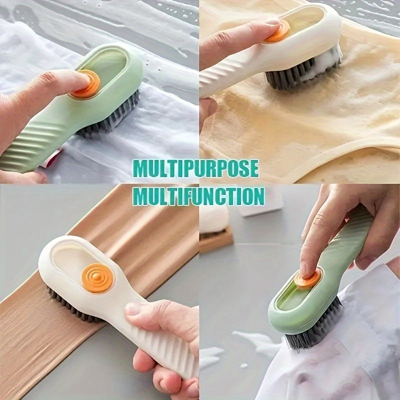 Ergonomic Shoe Brush with Long Handle Built-in Soap Dispenser Soft Bristles for Shoes Boots Jewelry