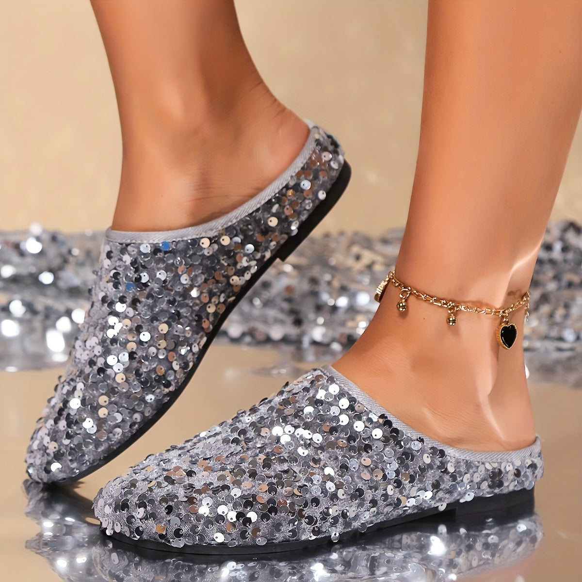 Women's Sequin Half-Slip Flats Breathable Fabric TPR Sole Comfortable