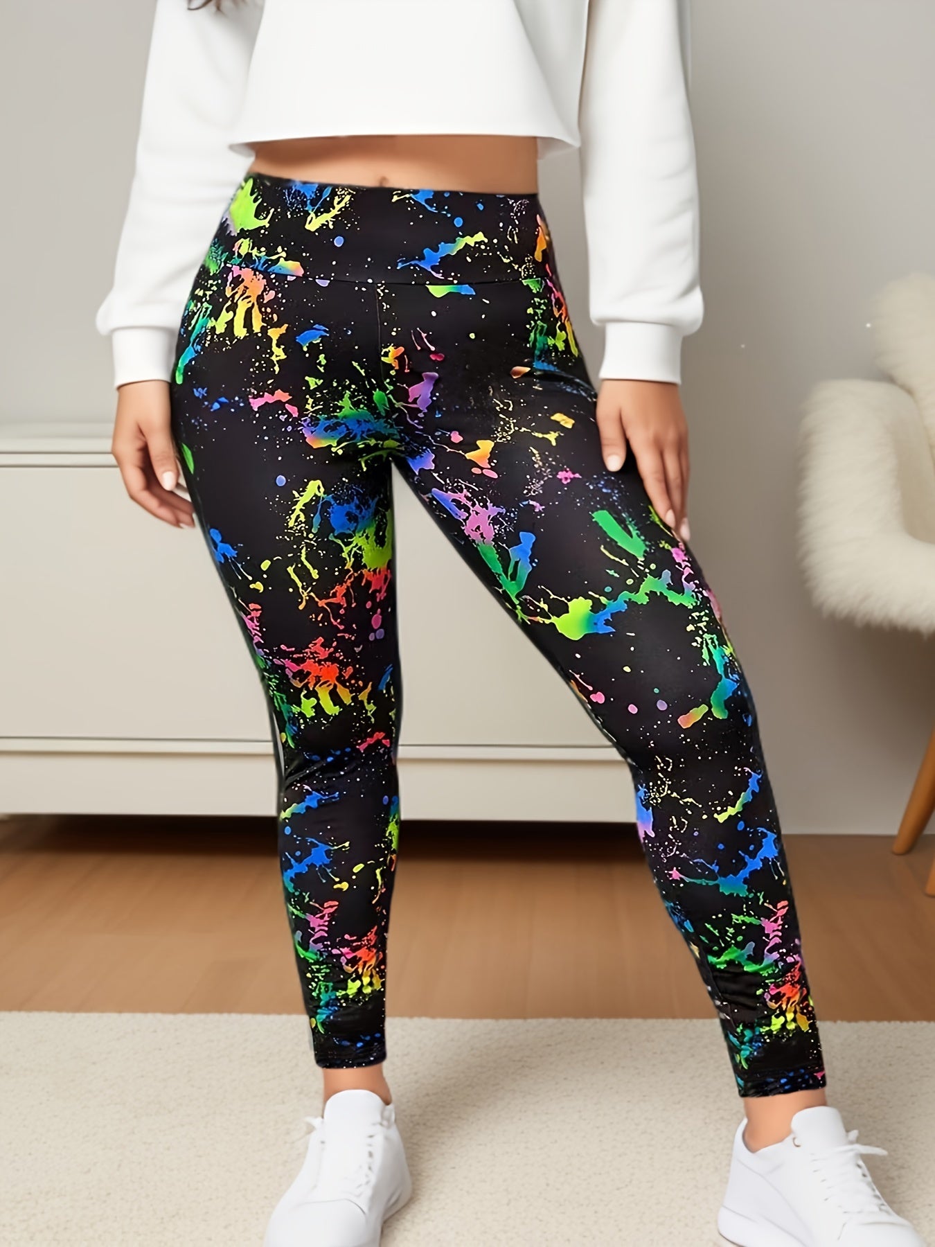 Plus Size High Stretch Polyester Spandex Leggings All-Season Paint Splatter