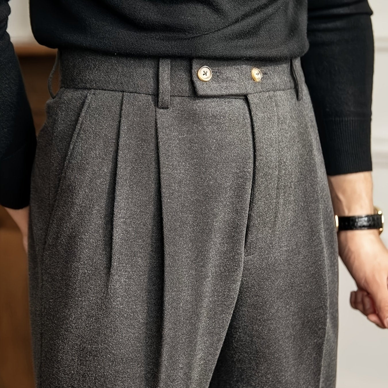 Pantalones de estilo británico de cintura alta para hombre, color sólido, con elastano, para otoño e invierno, trabajo