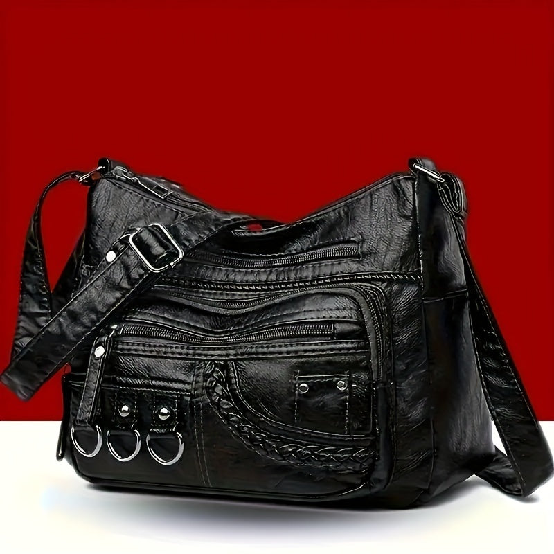 Black Crossbody Bag for Women with Zippers and Polyester Lining