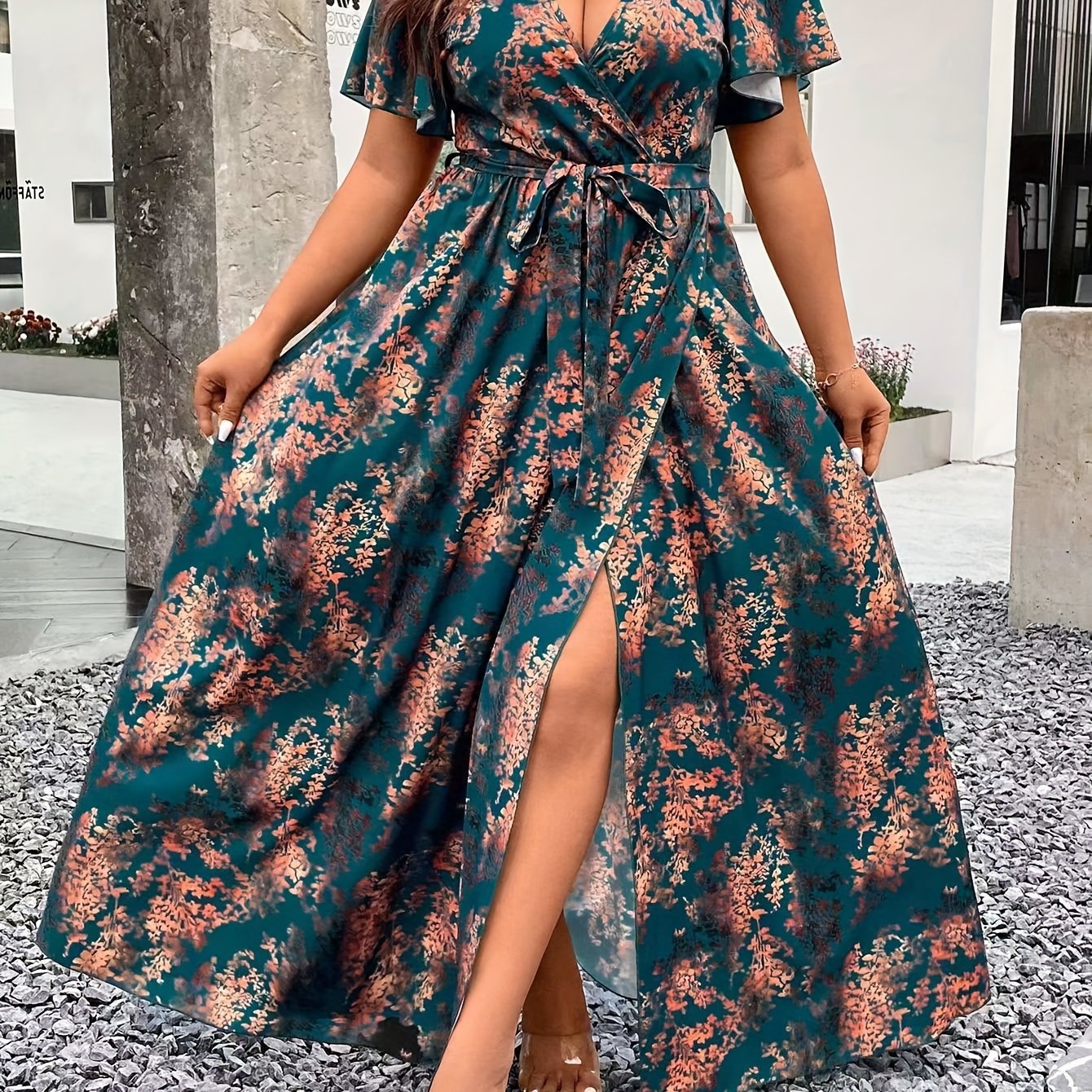 Women's Polyester Midi Tunic Dress with Floral Print Ruffle Sleeves and Belt